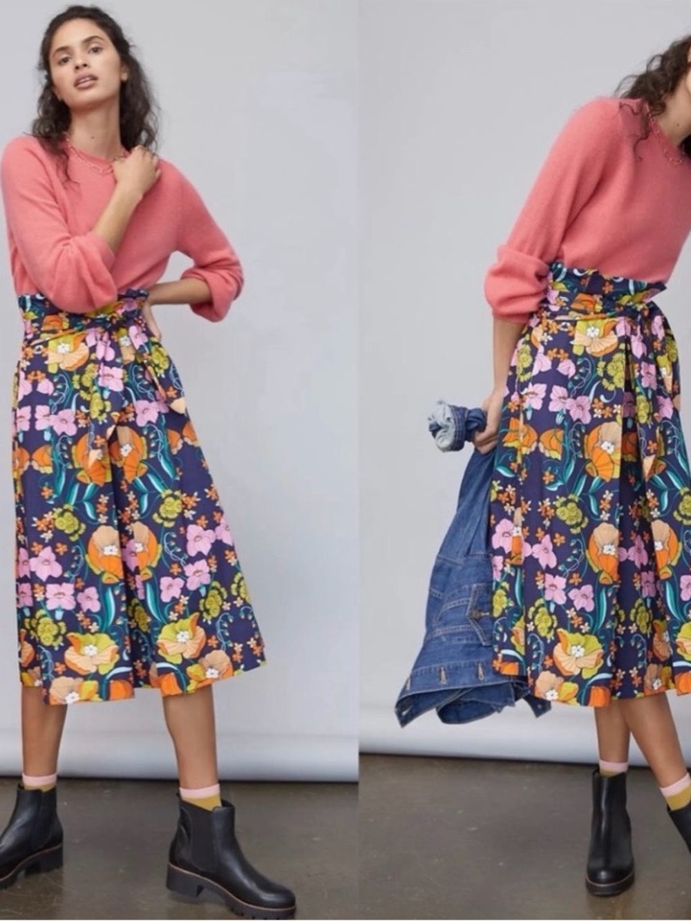 Corey Lynn Calter Navy Floral Tie-Waist Midi Skirt with Orange &Pink Blooms NWOT
